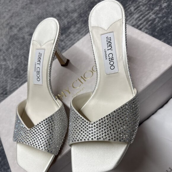 Jimmy Choo Skye 70 Ivory/clear Rhinestone And Satin High Heel - Picture 1 of 10